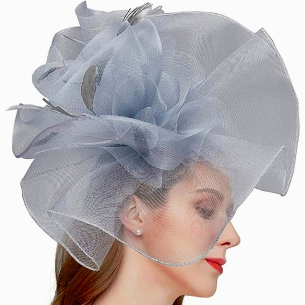 Fabulous Big Grey Feminine Tulle Fascinator Races Tea Brunch Church Wedding